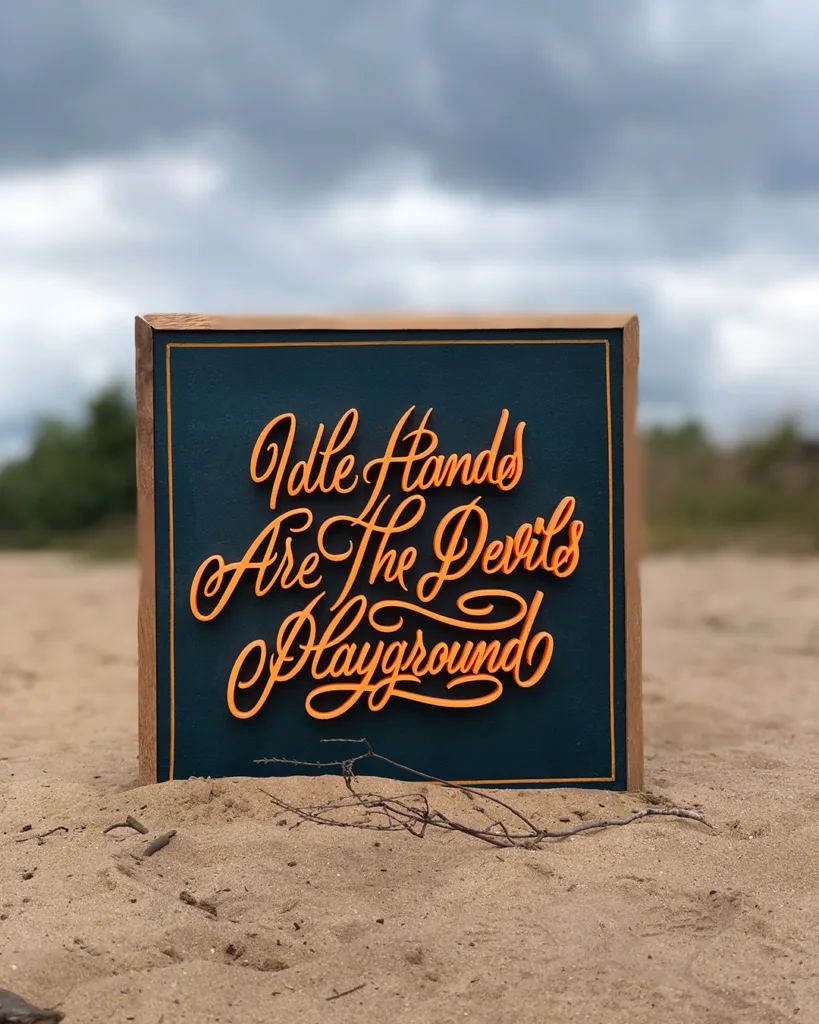 Handgemaakte 3D-geprinte kalligrafie met de tekst “Idle Hands Are The Devil’s Playground” op houten bord met hardhouten lijst