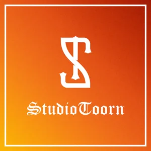 Logo voor Studio Toorn bestaande uit een monogram van de letters S en T, gecombineerd met een Old English woordmerk en een doorontwikkeld grafisch patroon.